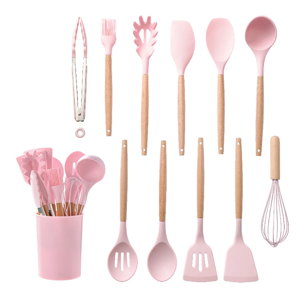 Silicone Kitchen Utensils Set with Wooden Handle for Cooking