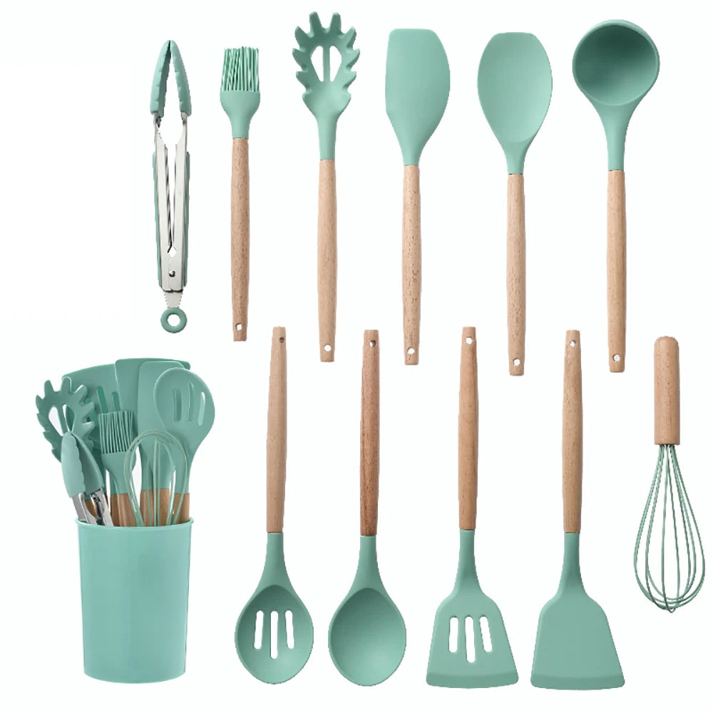 Silicone Kitchen Utensils Set with Wooden Handle for Cooking