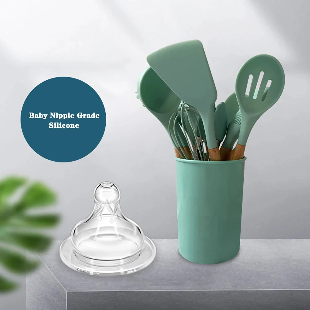 Silicone Kitchen Utensils Set with Wooden Handle for Cooking