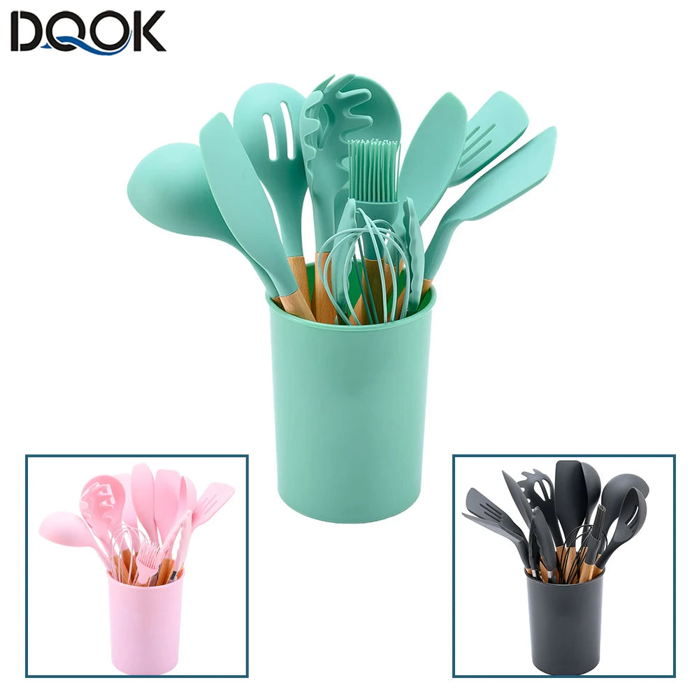 Silicone Kitchen Utensils Set with Wooden Handle for Cooking