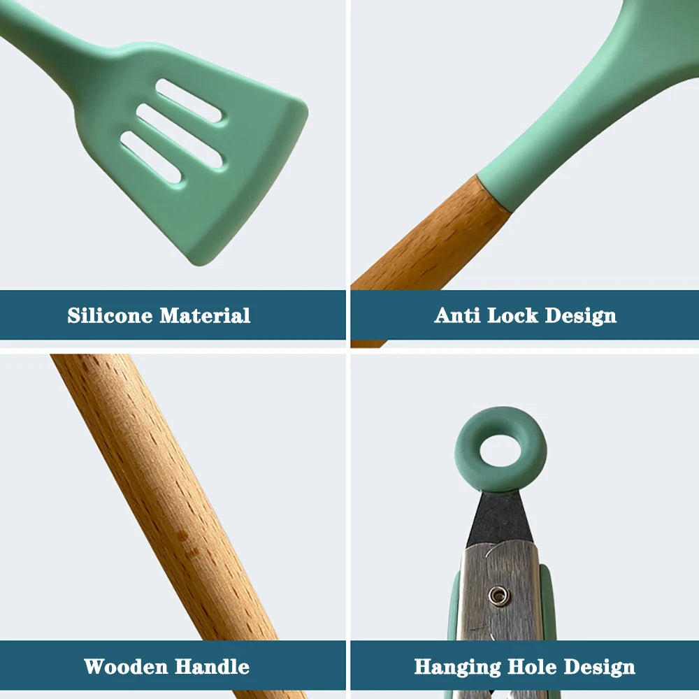 Silicone Kitchen Utensils Set with Wooden Handle for Cooking