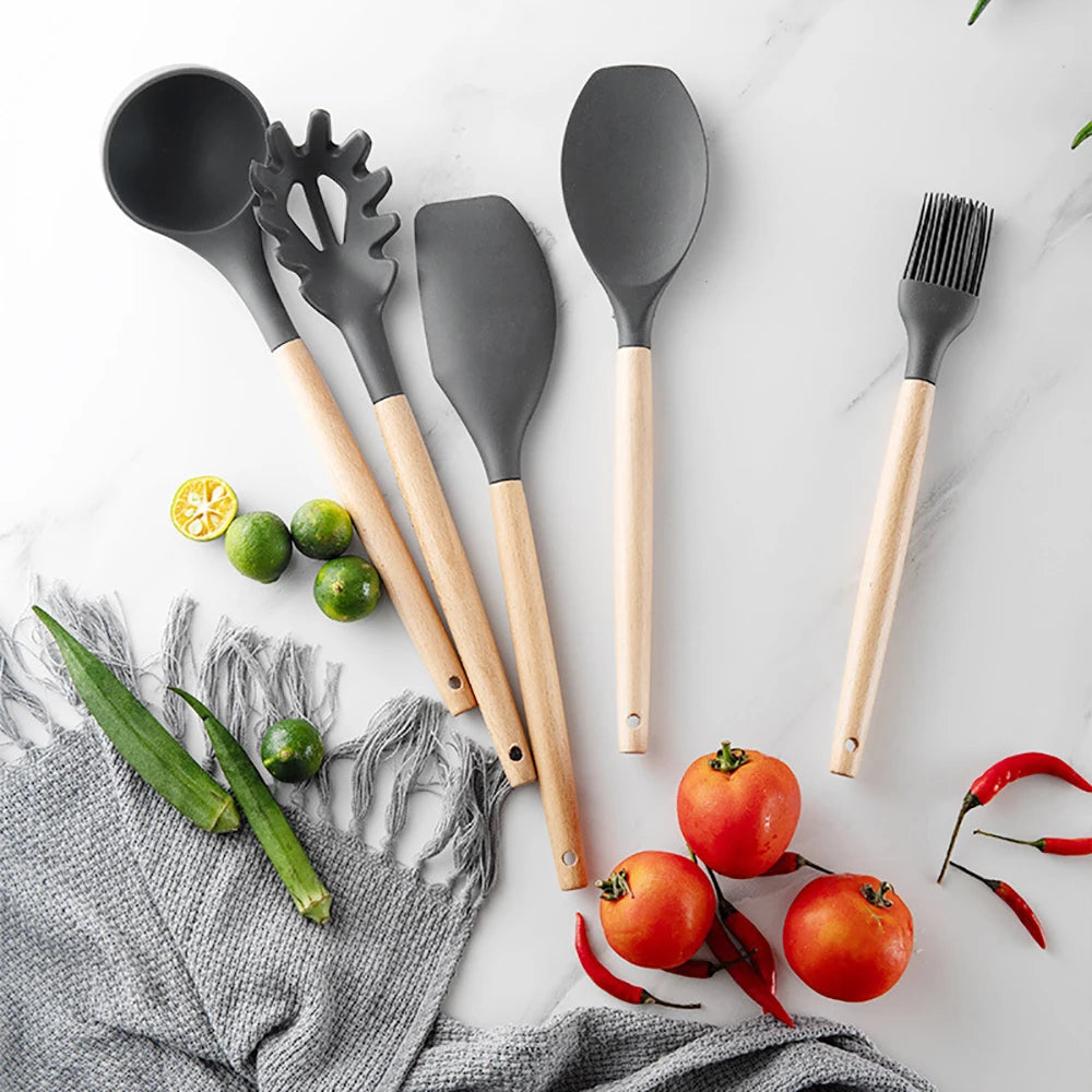 Silicone Kitchen Utensils Set with Wooden Handle for Cooking