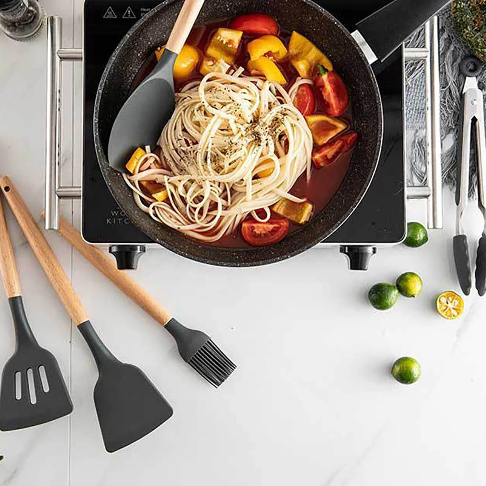 Silicone Kitchen Utensils Set with Wooden Handle for Cooking