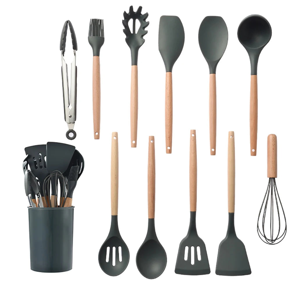 Silicone Kitchen Utensils Set with Wooden Handle for Cooking
