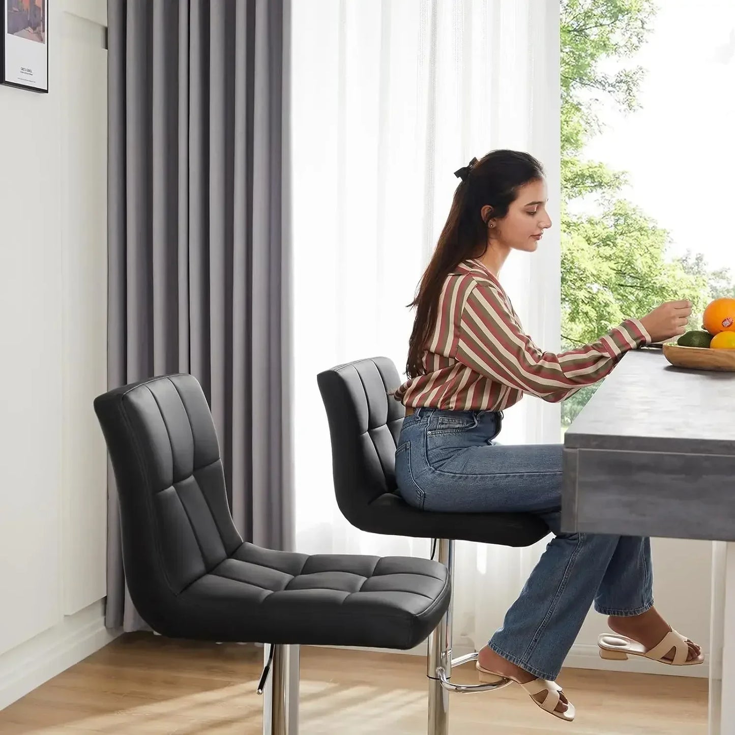 Armless Adjustable Swivel Bar Stools PU Leather Set