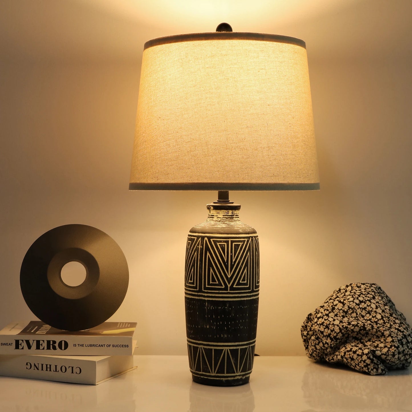 2 Pack 25 Inch Carved Geometric Ceramic Table Lamp With Linen Shade Southwest Rustic Accent Lamps For Living Room End Tables