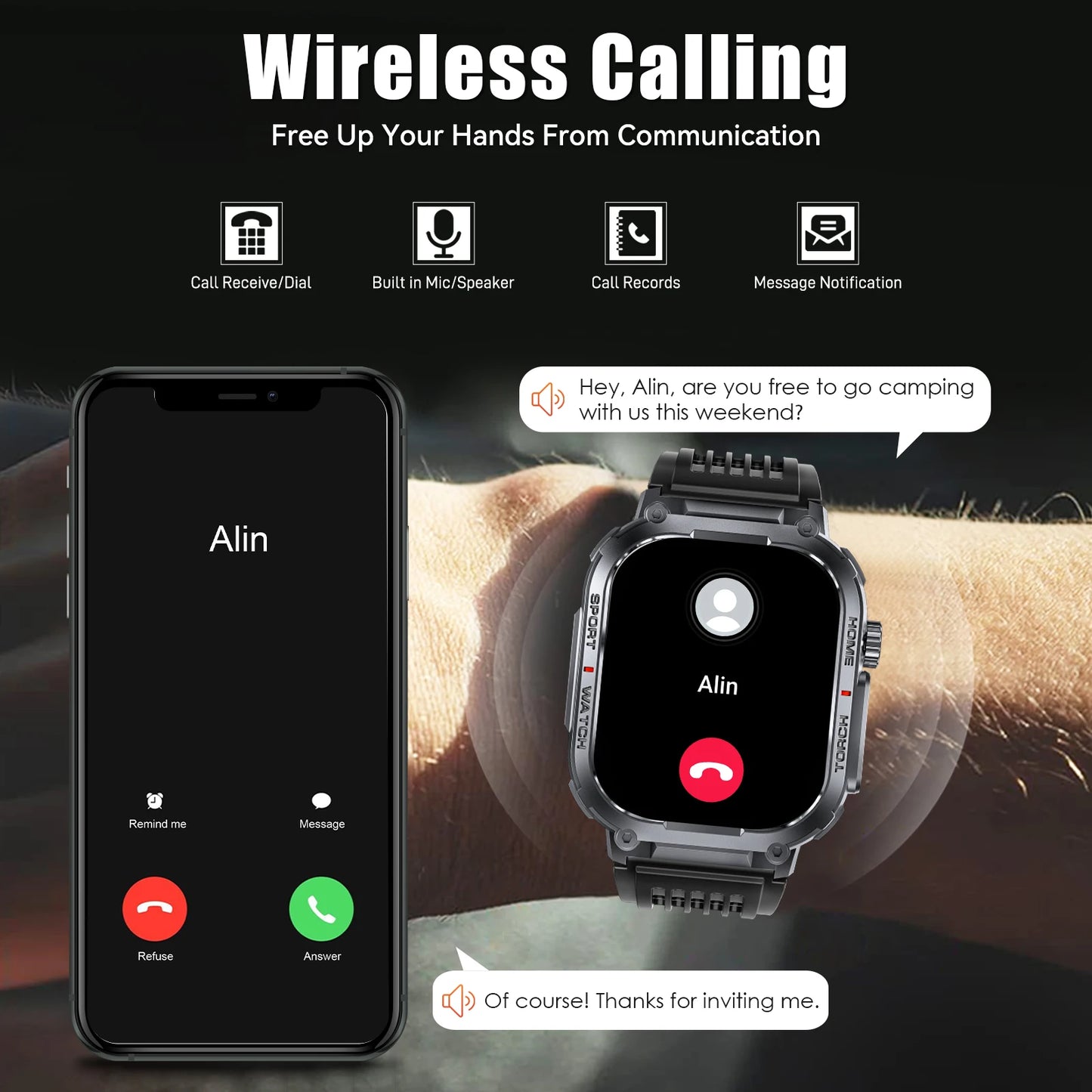 Smart Watch With Compass And LED Flashlight For Fitness Tracking