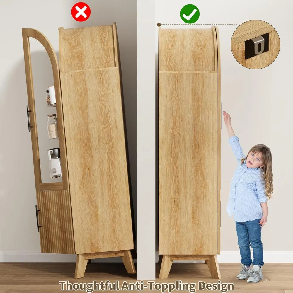 Modern Fluted Glass Door Pantry Cabinet Adjustable Shelves