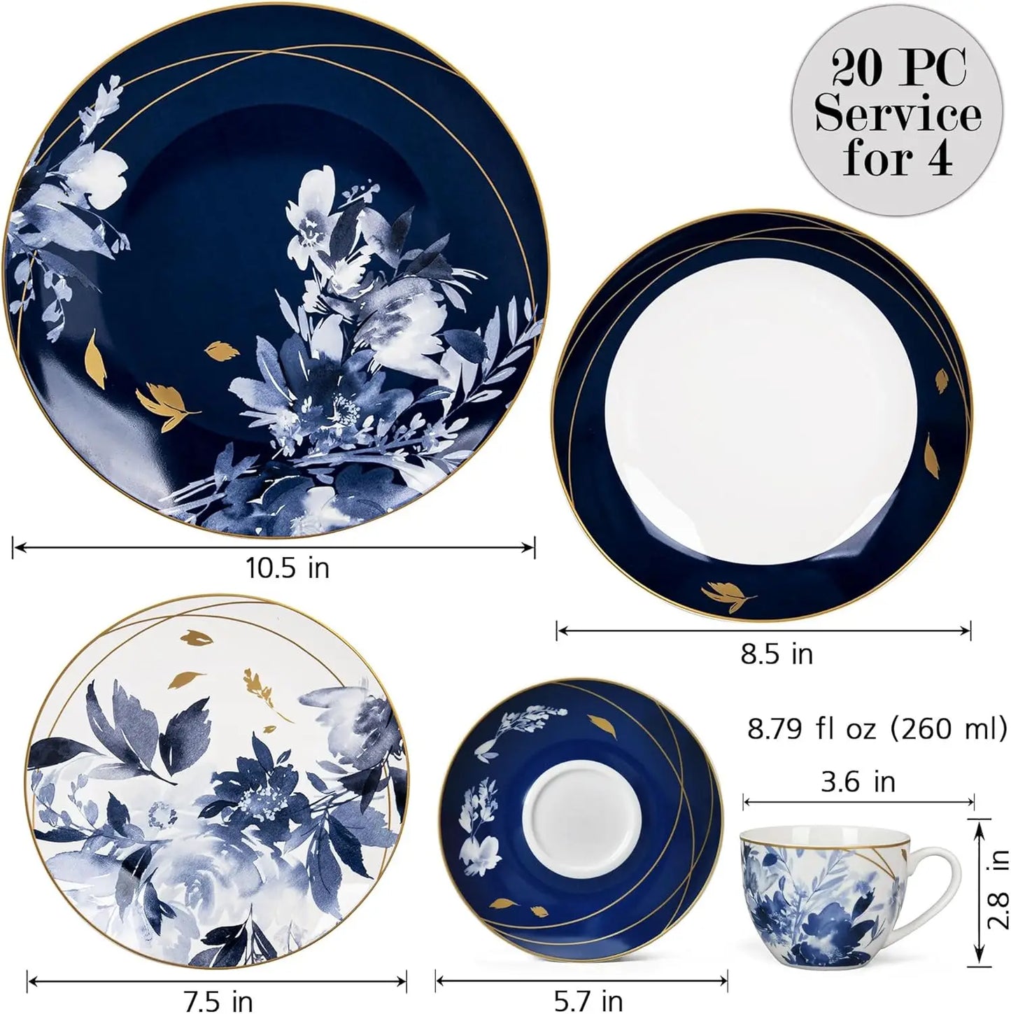 Bone China Dinnerware Set for Four with Reactive Glaze and Chip Resistant Oven Safe