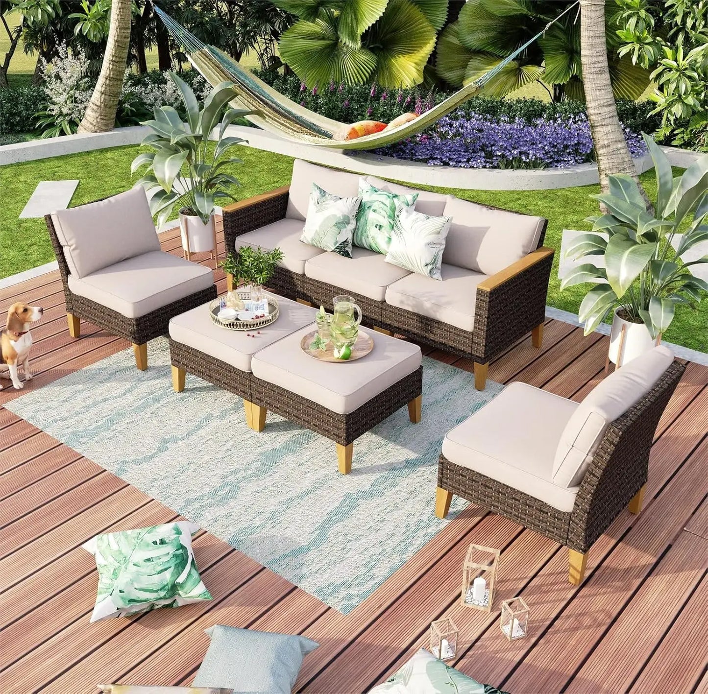 9 Piece Wicker Patio Furniture Set With 56 Inch Fire Pit Table All Weather PE Rattan Sectional Sofa Conversation Set