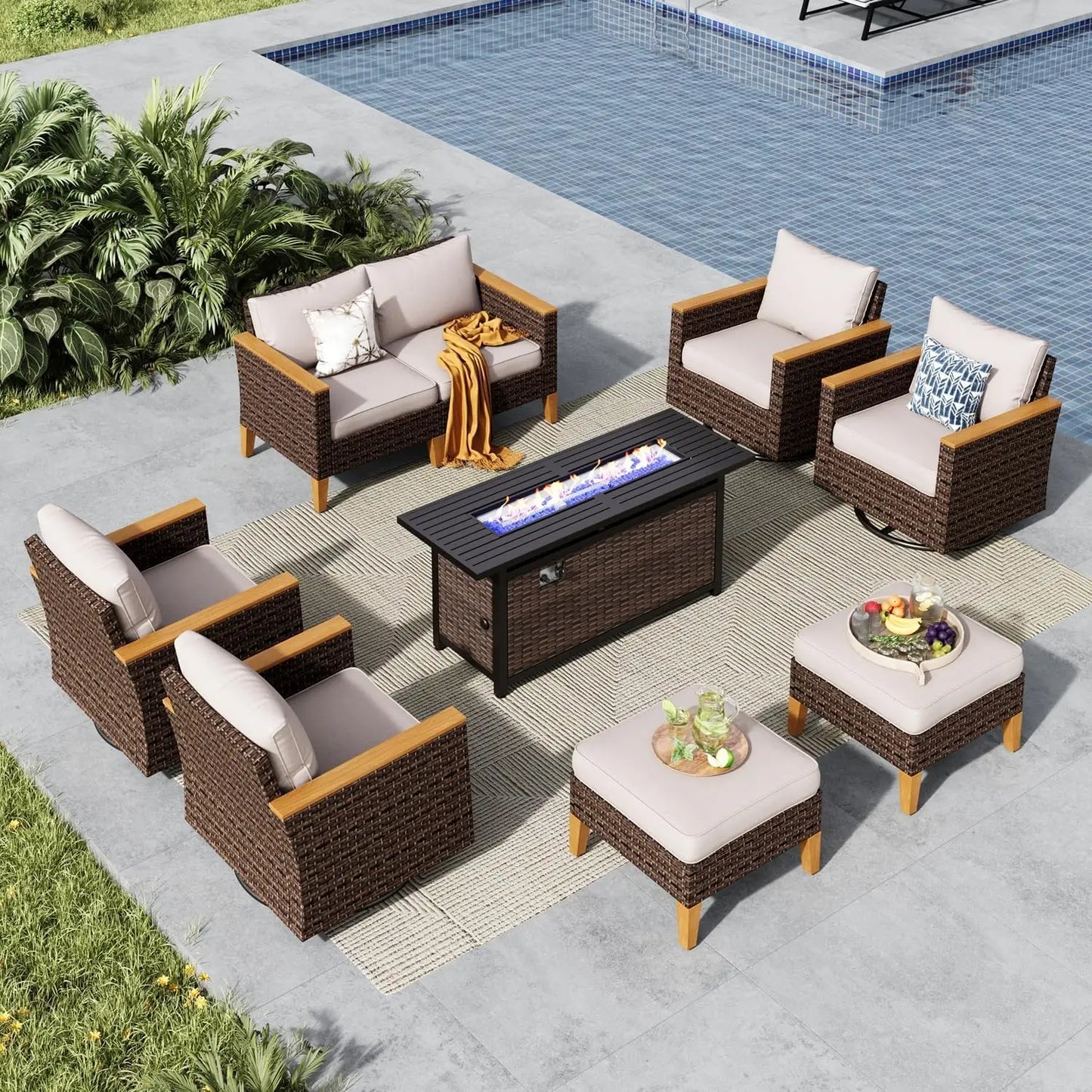 9 Piece Wicker Patio Furniture Set With 56 Inch Fire Pit Table All Weather PE Rattan Sectional Sofa Conversation Set