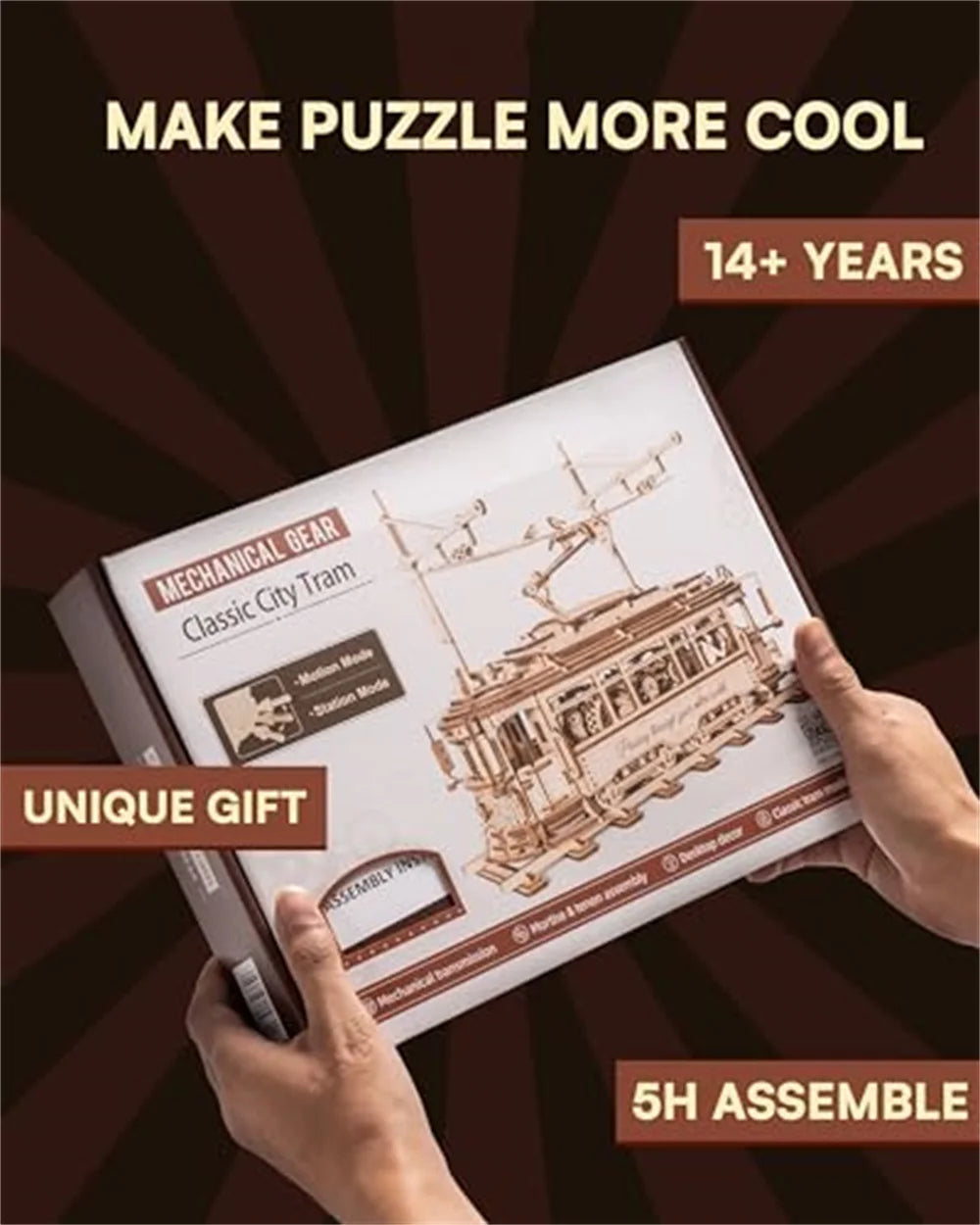 Robotime 3D Wooden Puzzle Gear Drive Tram Mechanical Model