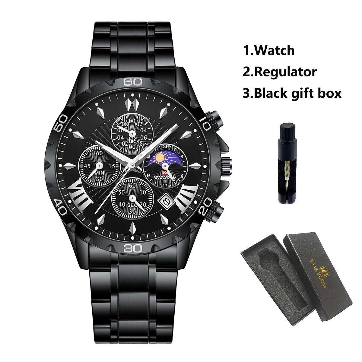 Va Va Voom Top Brand Luxury Quartz Sports Watch for Men Waterproof Luminous Stainless Steel Chronograph Wristwatch