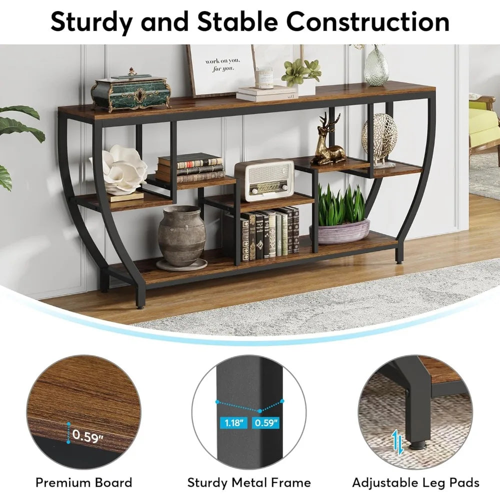 Rustic Industrial Sofa Table With Shelves And Storage