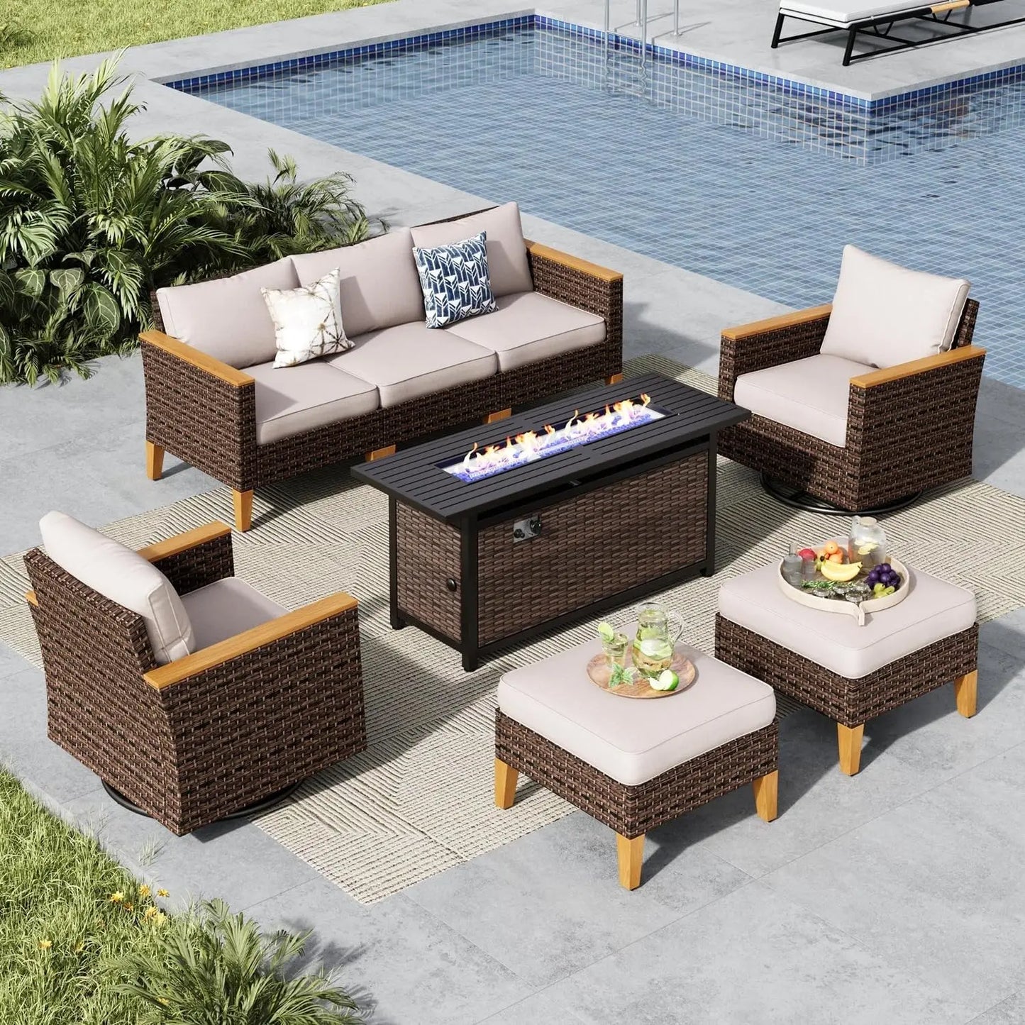 9 Piece Wicker Patio Furniture Set With 56 Inch Fire Pit Table All Weather PE Rattan Sectional Sofa Conversation Set