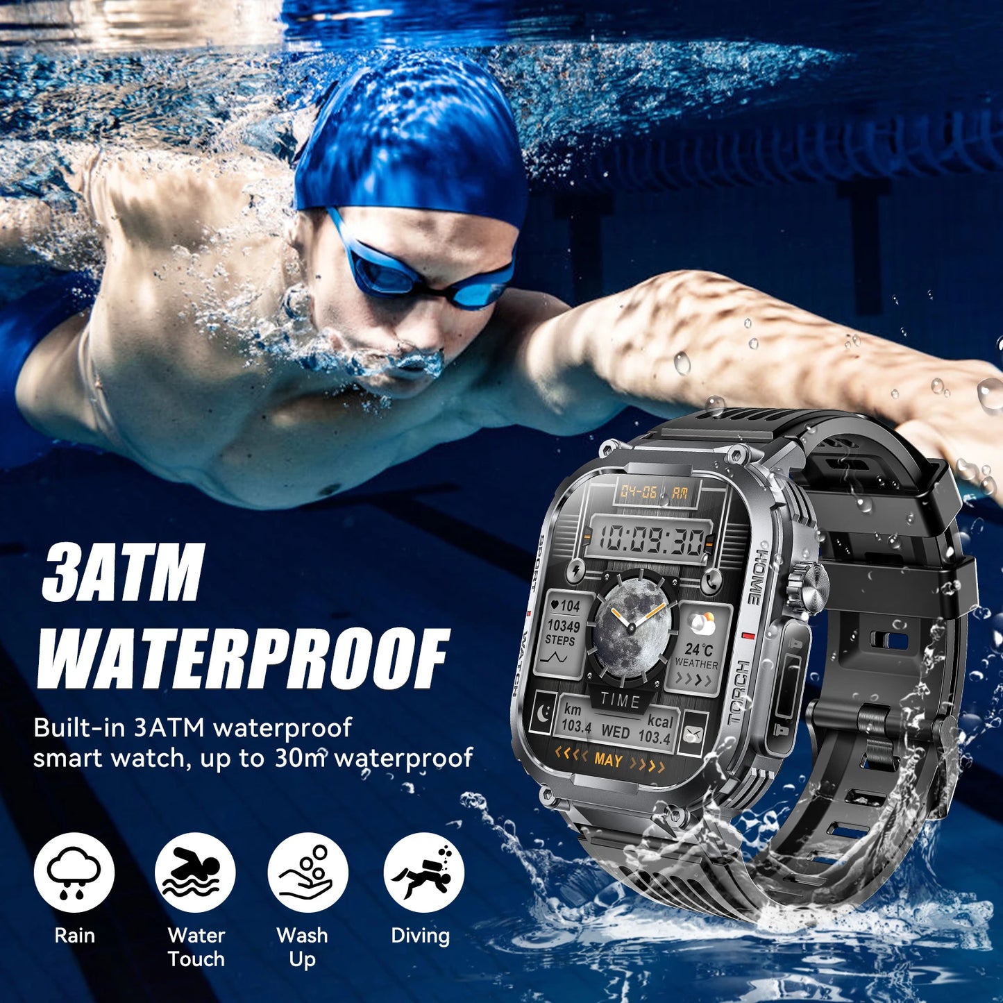 Smart Watch With Compass And LED Flashlight For Fitness Tracking