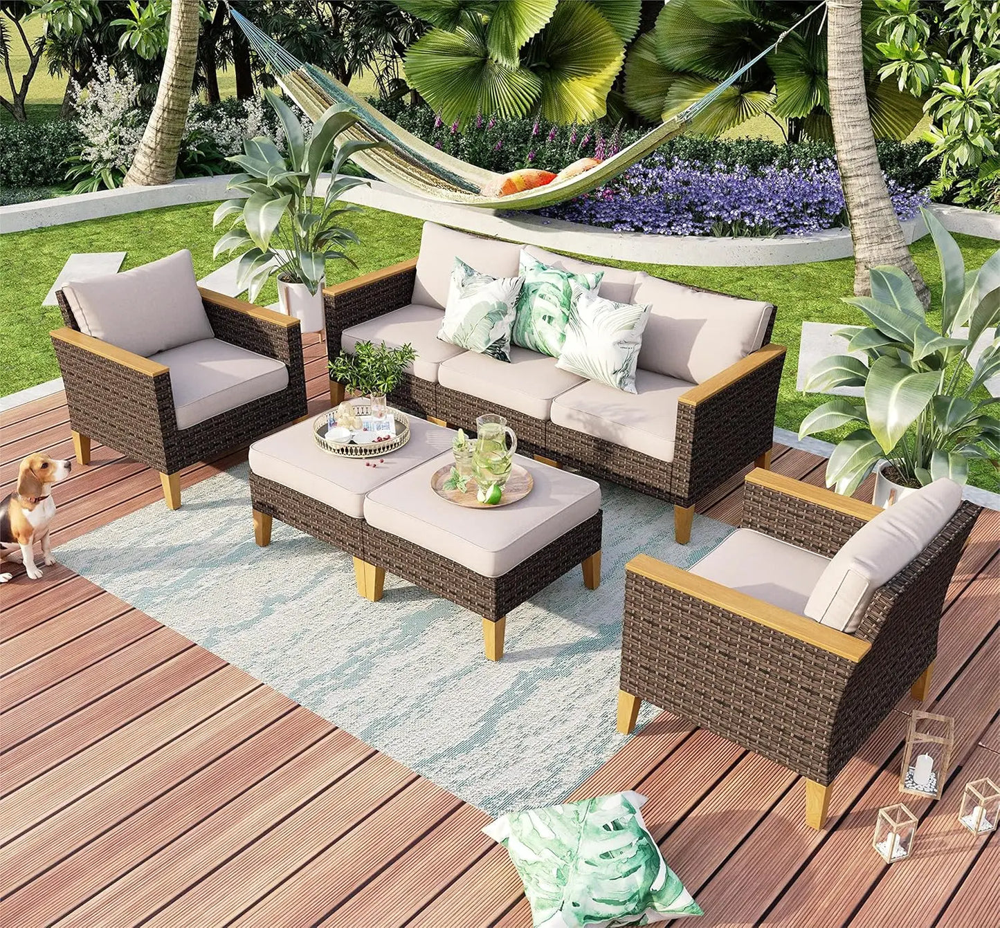 9 Piece Wicker Patio Furniture Set With 56 Inch Fire Pit Table All Weather PE Rattan Sectional Sofa Conversation Set