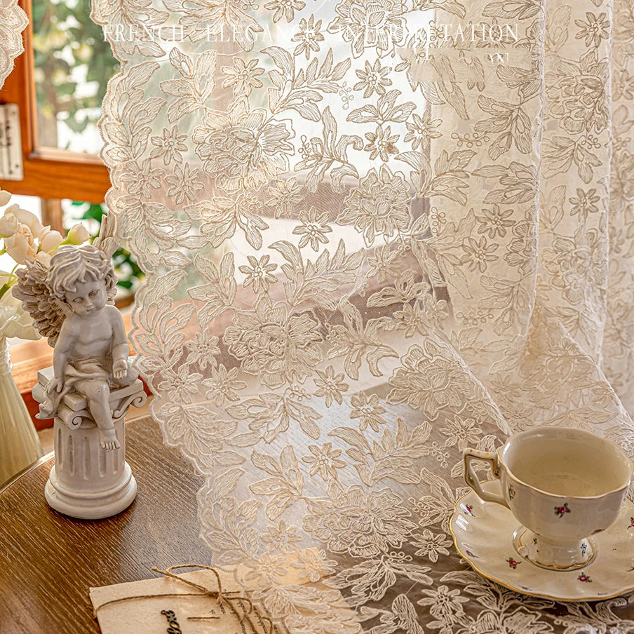 Two Piece French Vintage Embroidery Lace Sheer Curtains