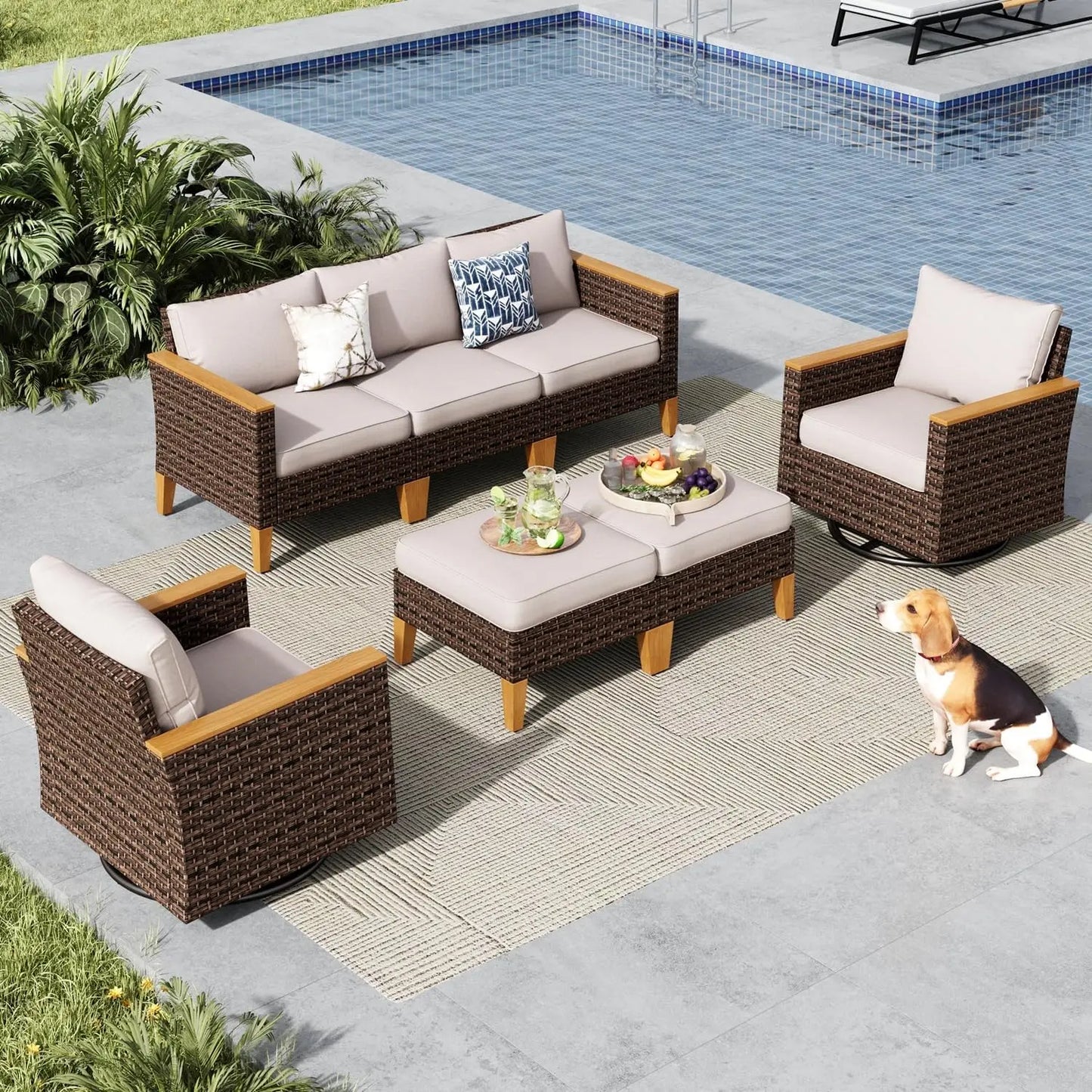 9 Piece Wicker Patio Furniture Set With 56 Inch Fire Pit Table All Weather PE Rattan Sectional Sofa Conversation Set