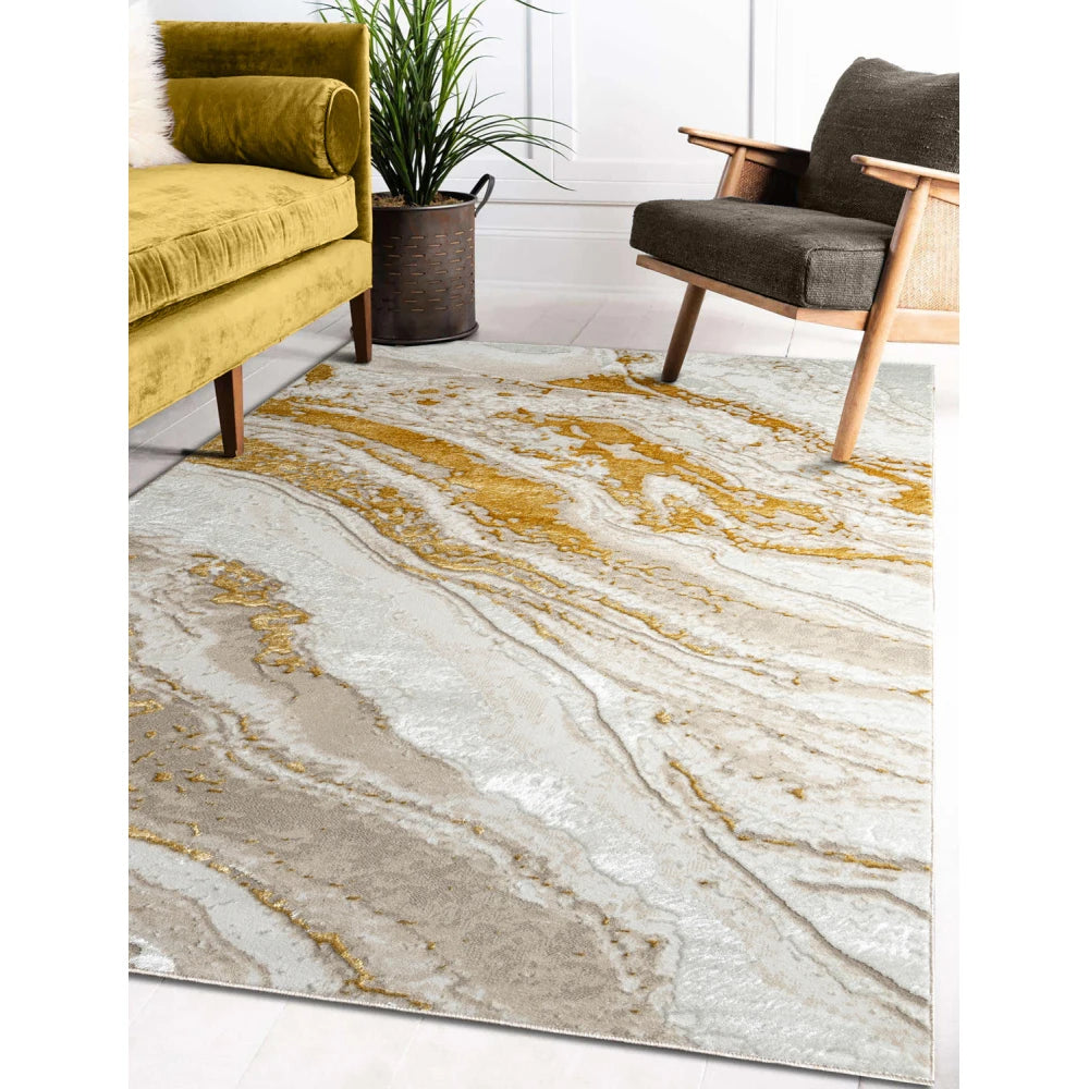 Adina Luxury Area Rug in Beige and Gold Abstract Design