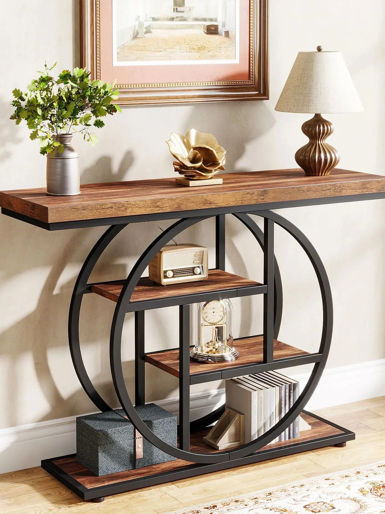 Industrial Console Table With Four Tier Shelves For Entryway