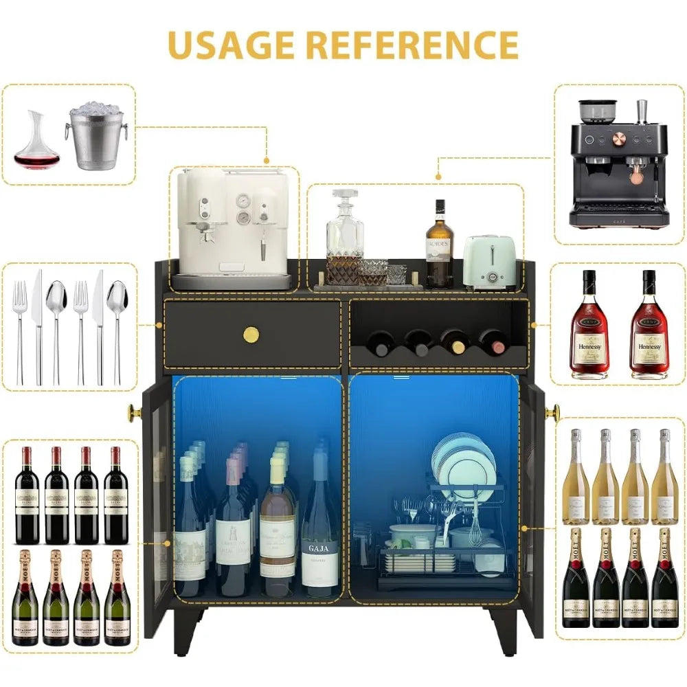 Wine Cabinet With Glass Doors And LED Lighting For Bar