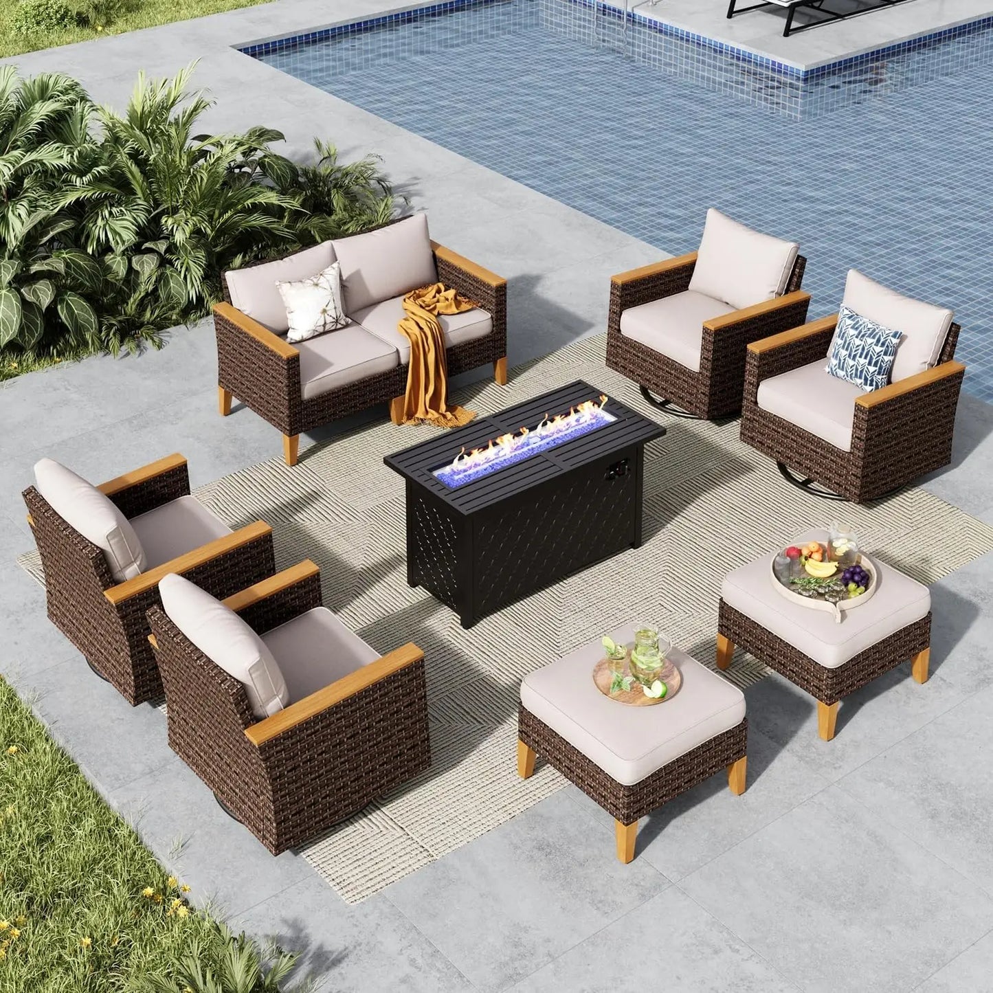 9 Piece Wicker Patio Furniture Set With 56 Inch Fire Pit Table All Weather PE Rattan Sectional Sofa Conversation Set