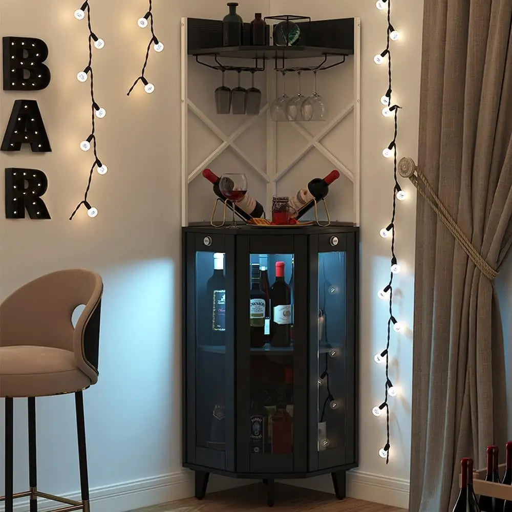Corner Wine Cabinet With Lockable Glass Door And Led Lighting