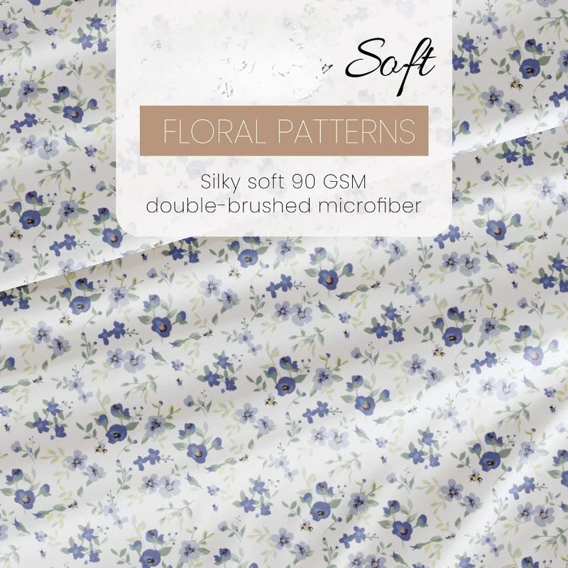 4 Piece Queen Sheet Set Light Blue Floral Ultra Soft Cooling Bed Sheets