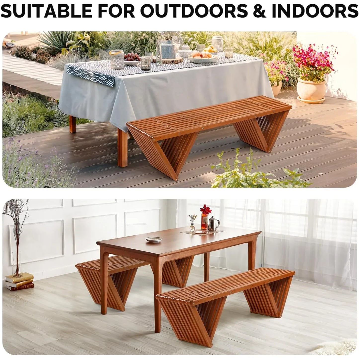 Outdoor Wooden Bench For Patio And Garden Backless Seating