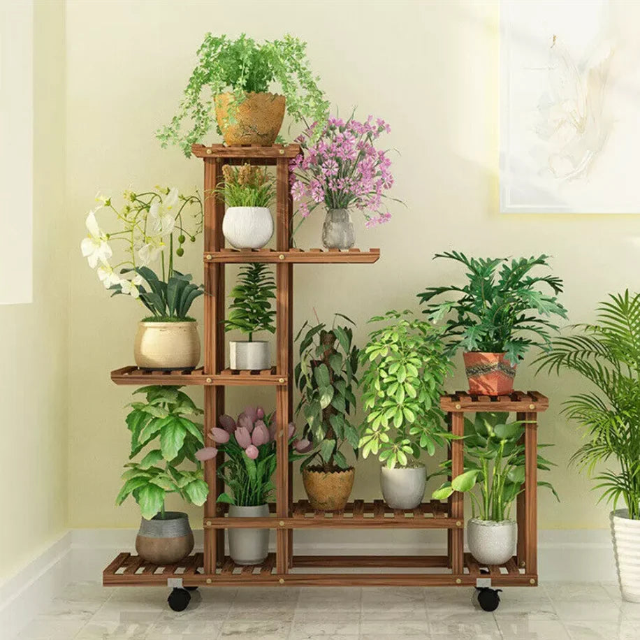 Wisfor Multi Layer Wood Plant Stand With Wheels Indoor Outdoor