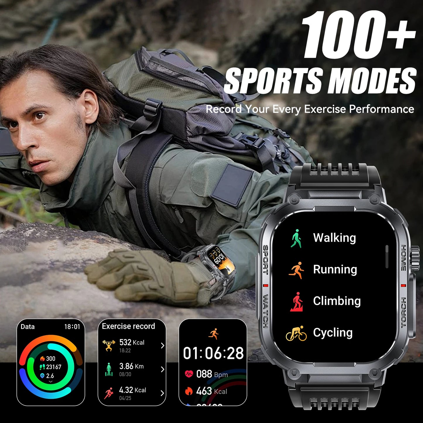 Smart Watch With Compass And LED Flashlight For Fitness Tracking