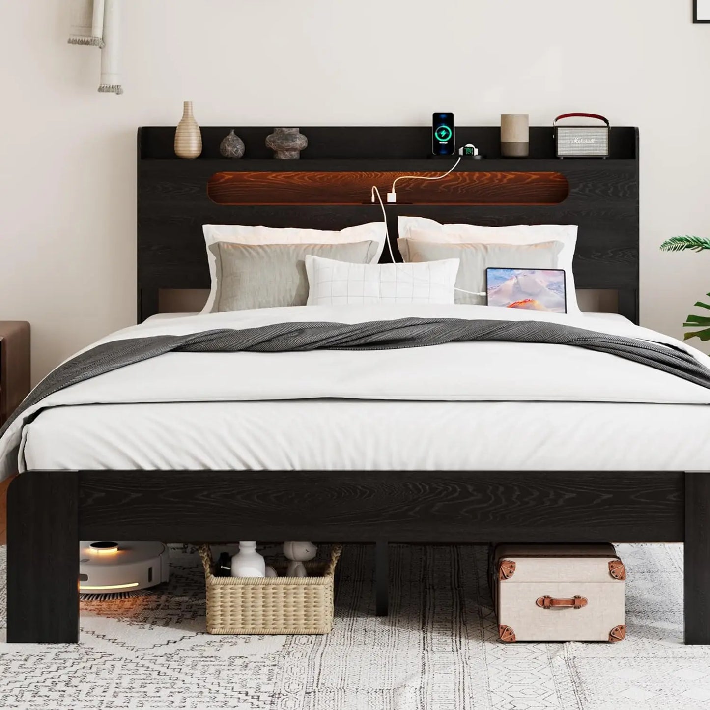 Wooden Storage Bed Frame With Headboard And Charging Station