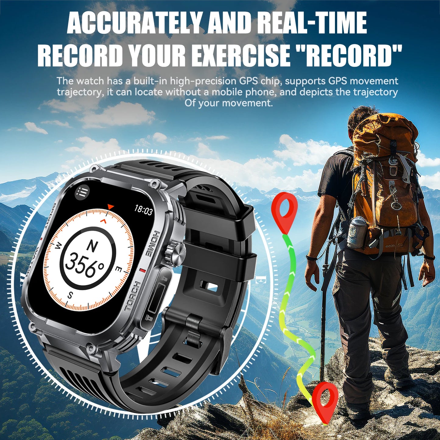 Smart Watch With Compass And LED Flashlight For Fitness Tracking