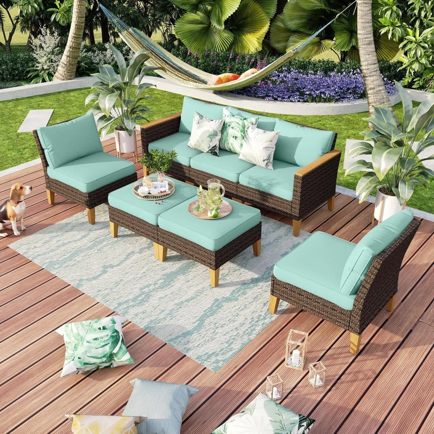 9 Piece Wicker Patio Furniture Set With 56 Inch Fire Pit Table All Weather PE Rattan Sectional Sofa Conversation Set