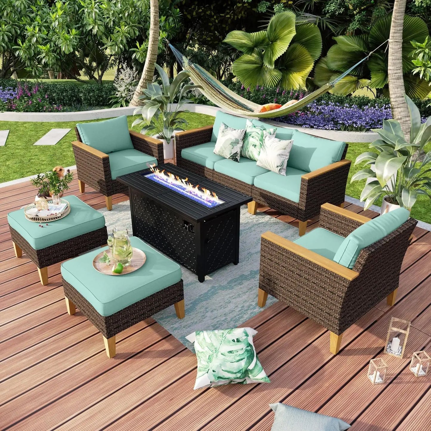 9 Piece Wicker Patio Furniture Set With 56 Inch Fire Pit Table All Weather PE Rattan Sectional Sofa Conversation Set