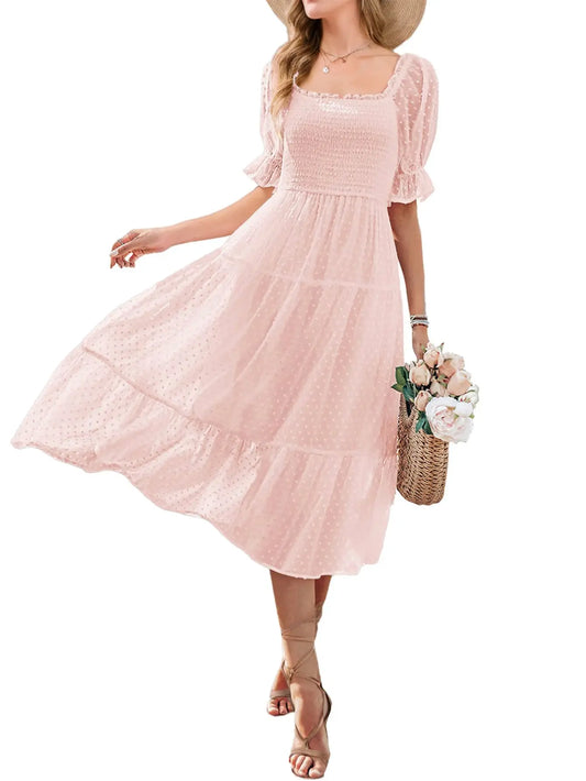 Women's Square Neck Puff Sleeve Boho Midi Dress with Swiss Dot Ruffle Tie Back