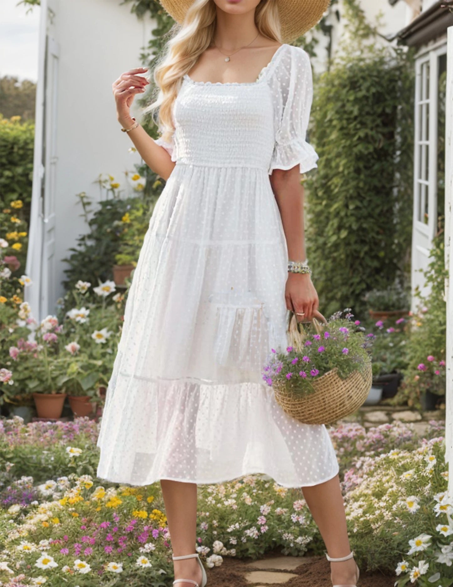 Women's Square Neck Puff Sleeve Boho Midi Dress with Swiss Dot Ruffle Tie Back