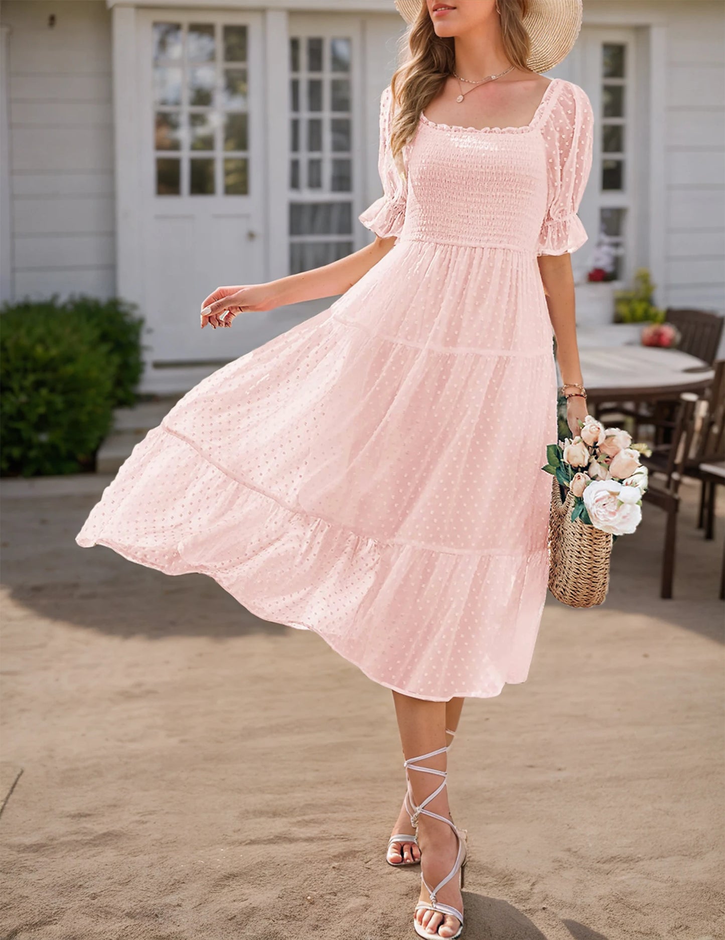 Women's Square Neck Puff Sleeve Boho Midi Dress with Swiss Dot Ruffle Tie Back