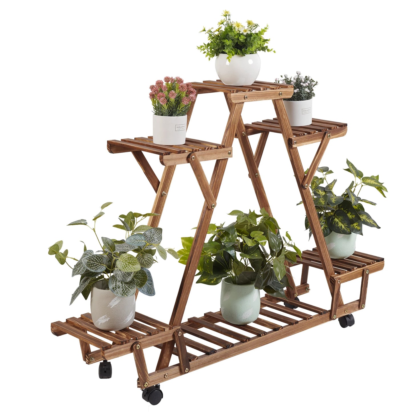 Triangular Plant Shelf 6 Tier Carbonized Wood Plant Holder Flower Pot Stand Display Rack with Wheels for Garden