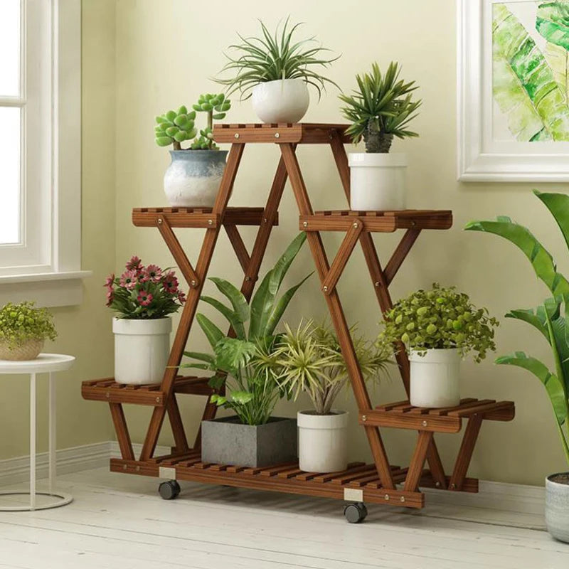 Triangular Plant Shelf 6 Tier Carbonized Wood Plant Holder Flower Pot Stand Display Rack with Wheels for Garden