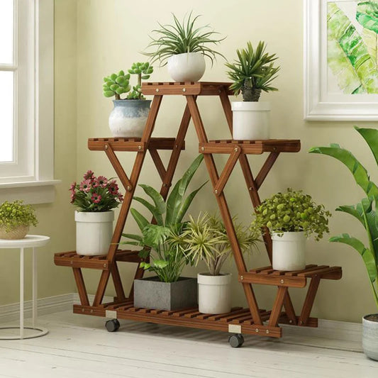 Triangular Plant Shelf 6 Tier Carbonized Wood Plant Holder Flower Pot Stand Display Rack with Wheels for Garden