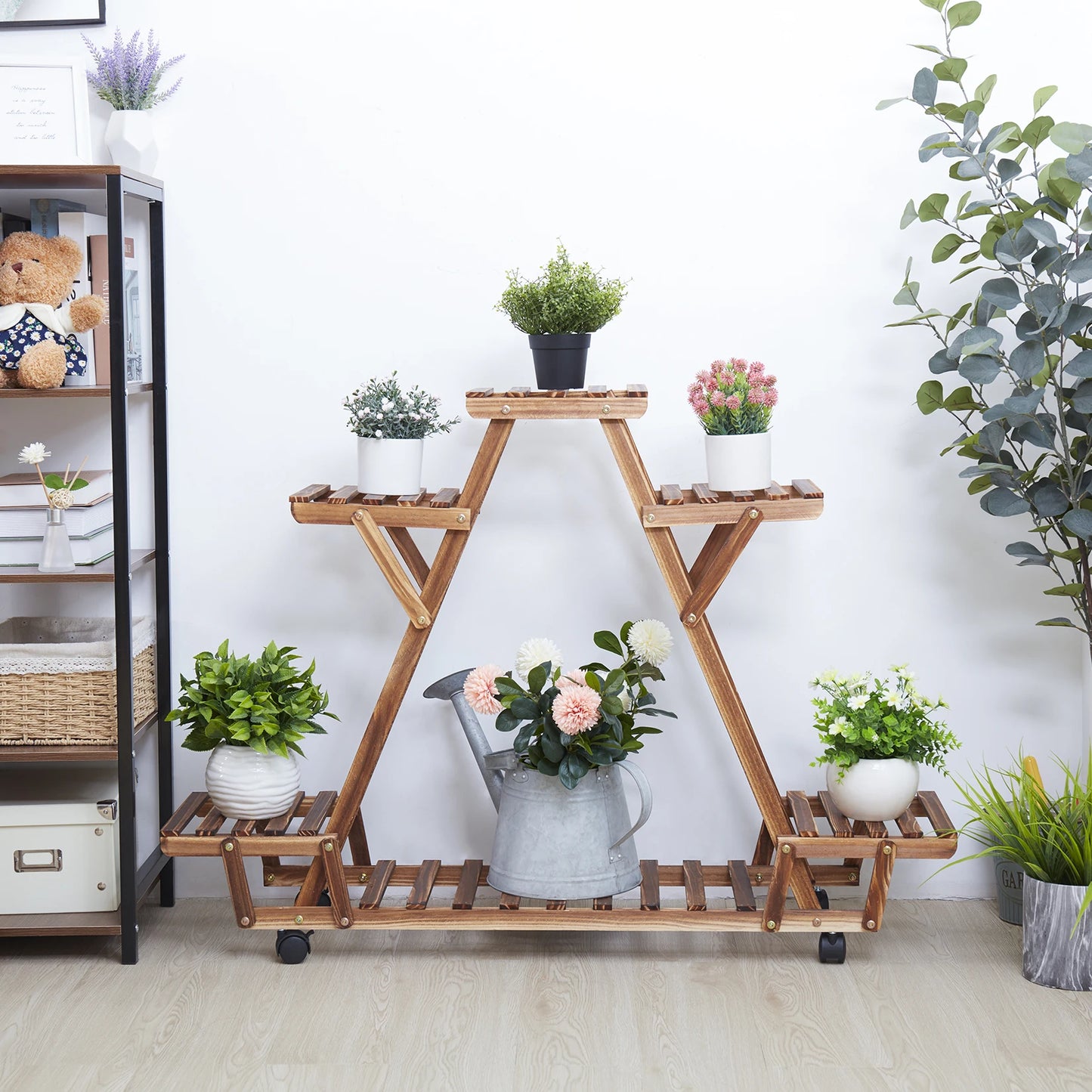 Triangular Plant Shelf 6 Tier Carbonized Wood Plant Holder Flower Pot Stand Display Rack with Wheels for Garden