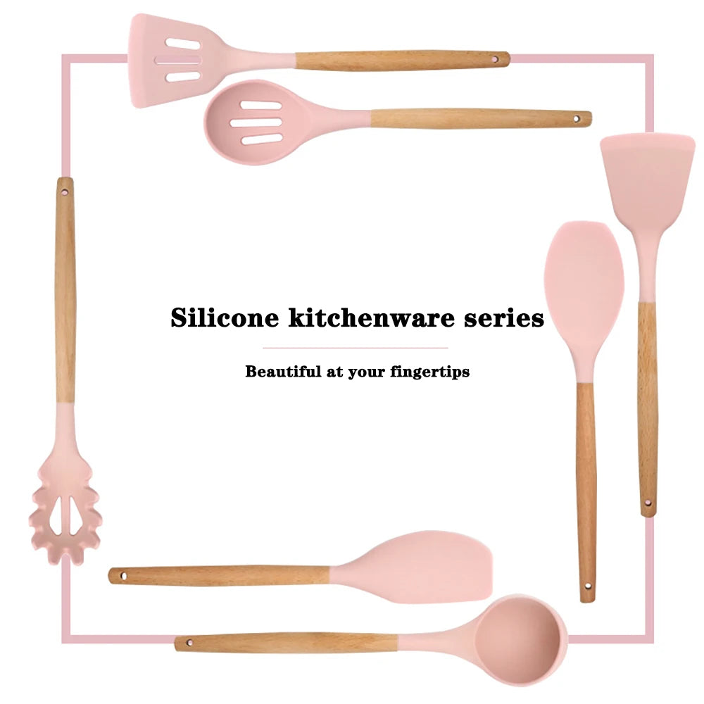 Silicone Kitchen Utensils Set with Wooden Handle for Cooking