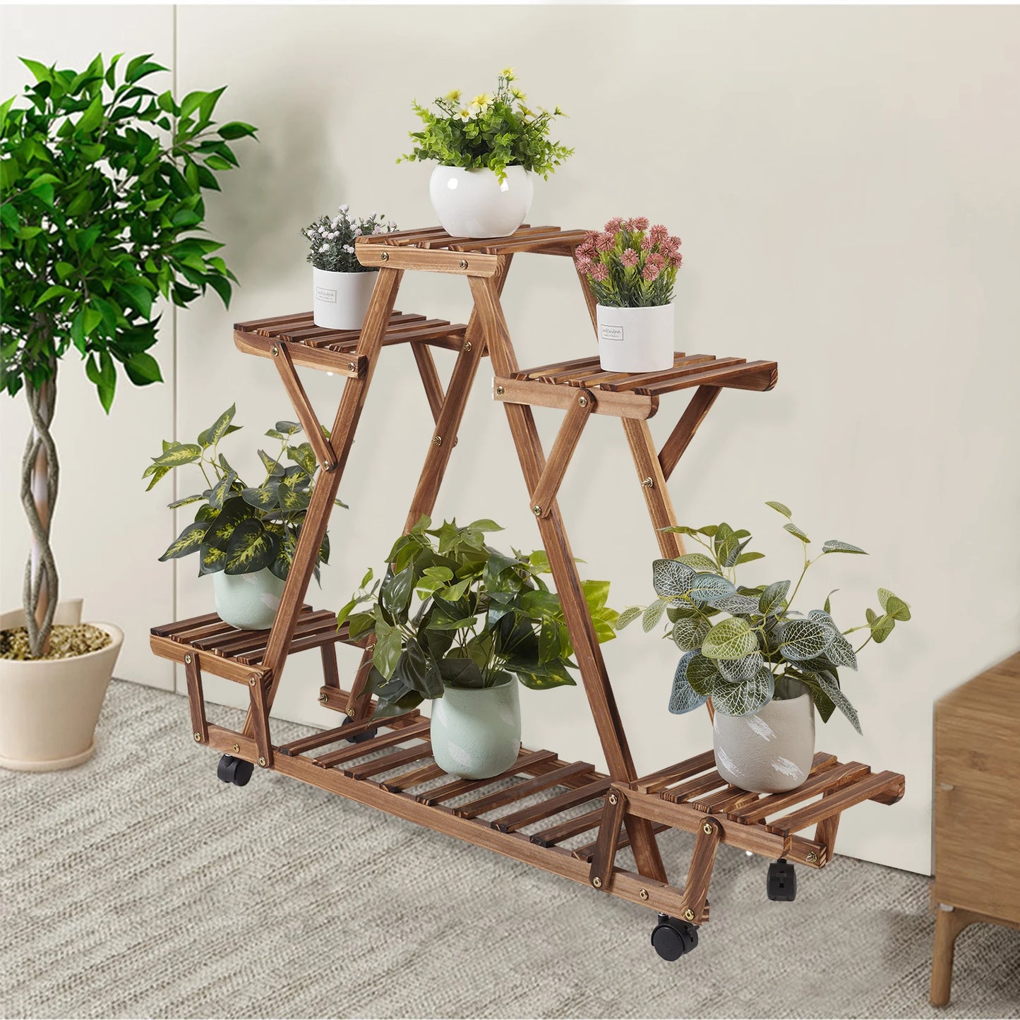 Triangular Plant Shelf 6 Tier Carbonized Wood Plant Holder Flower Pot Stand Display Rack with Wheels for Garden