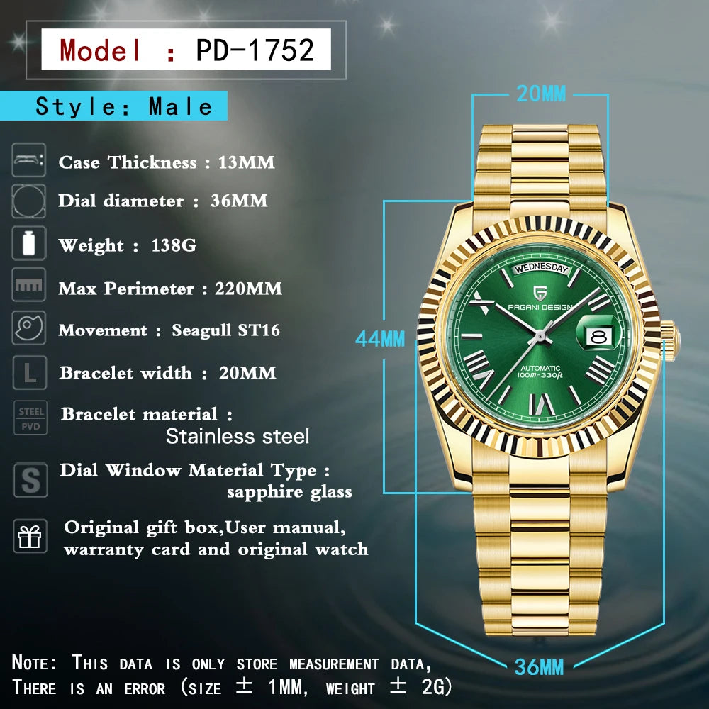 Pagani Design DD36 Gold Green V2 Men's Mechanical Luxury Automatic Watch 2024 New AR Sapphire Glass Wrist Watch