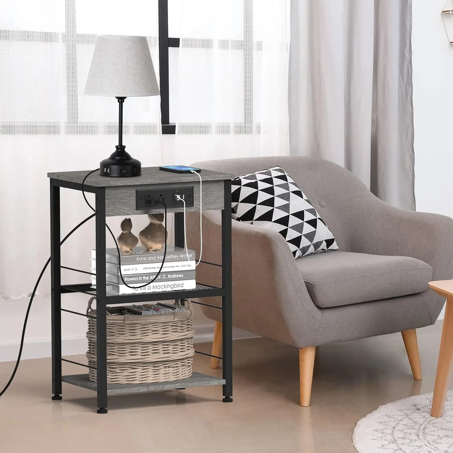 Bedside Table With Three Tier Charging Station And Storage Rack