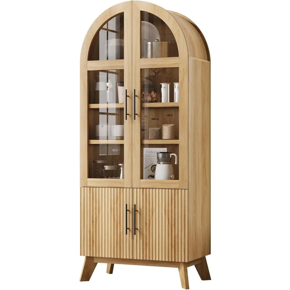 Modern Fluted Glass Door Pantry Cabinet Adjustable Shelves