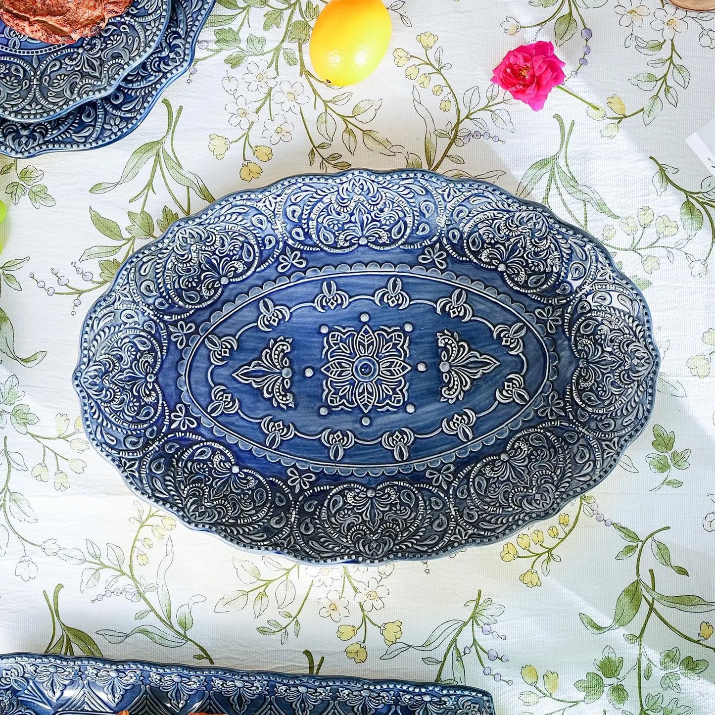 Embossed Stoneware Dinnerware Baroque Serving Platter Set