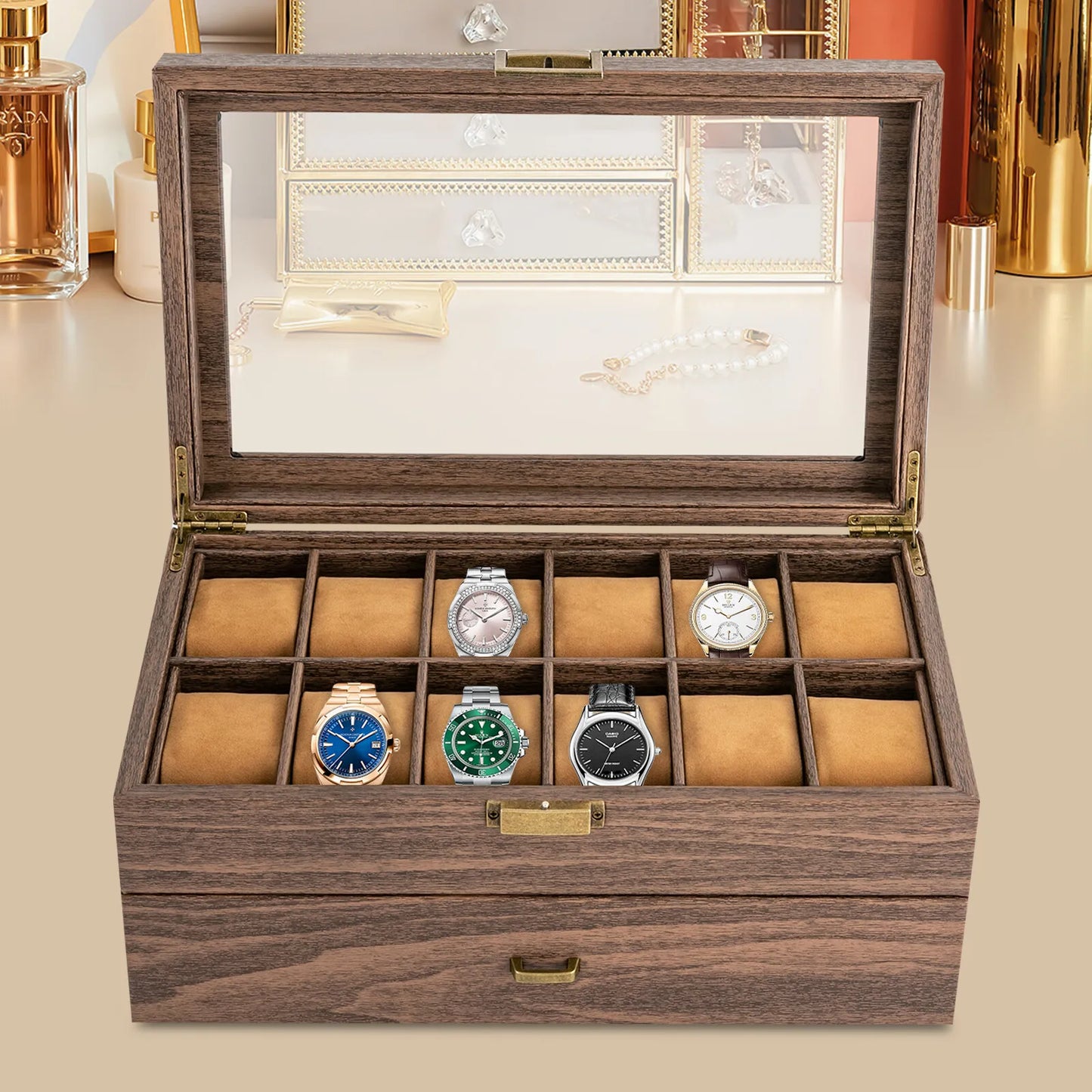 Luxurious 24 Watch Showcase Cabinet Featuring Handcrafted Premium Hardwood Grain